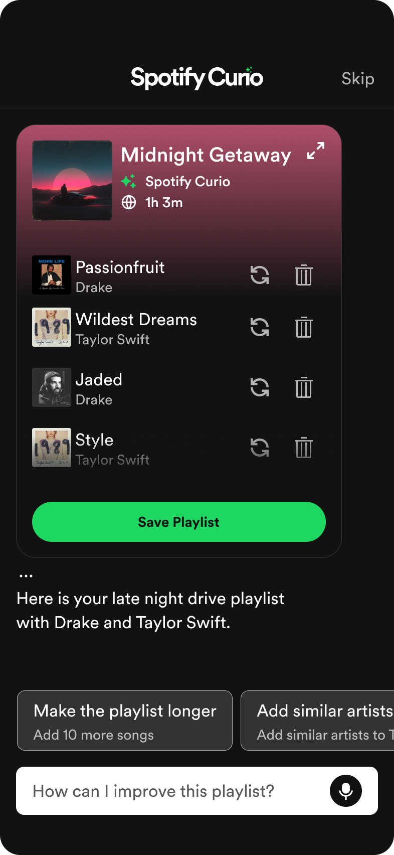 Final playlist preview screen titled 'Midnight Getaway,' featuring a list of Drake and Taylor Swift songs with inline edit controls and a prominent green 'Save Playlist' CTA.